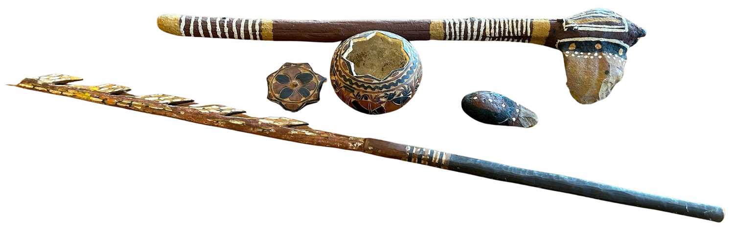 Lot 100 - A Carved Peruvian Gourd & Three Indigenous Items.