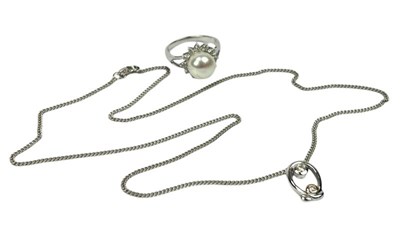 Lot 184 - Pearl and Diamond Ring with Pendant and Chain.