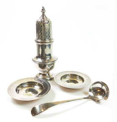 Lot 318 - Silver Caster with Dishes and Ladle.
