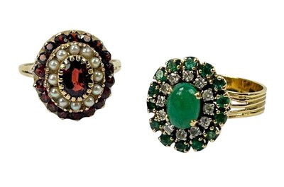 Lot 237 - Emerald Diamond and Garnet Pearl Rings.
