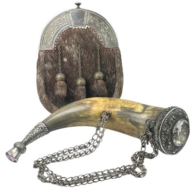 Lot 157 - Powder Horn on Chain with Sporran Fur Bag.