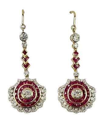 Lot 207 - Ruby and Diamond Drop Earrings.