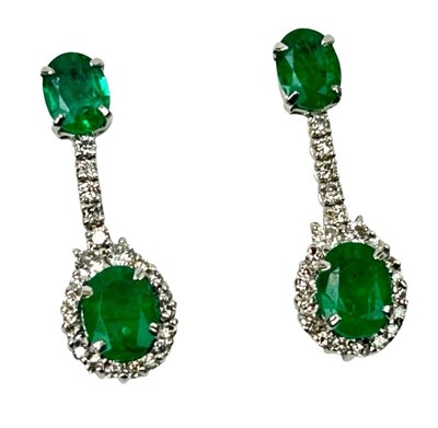 Lot 254 - Drop Style Emerald & Diamond Earrings.