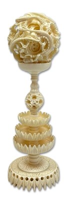 Lot 156 - Intricately Carved Ivory Dragon Puzzle Ball with Stand.