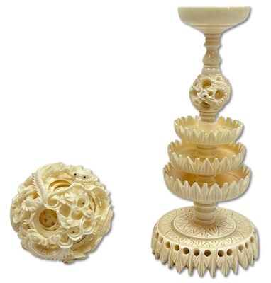 Lot 156 - Intricately Carved Ivory Dragon Puzzle Ball with Stand.