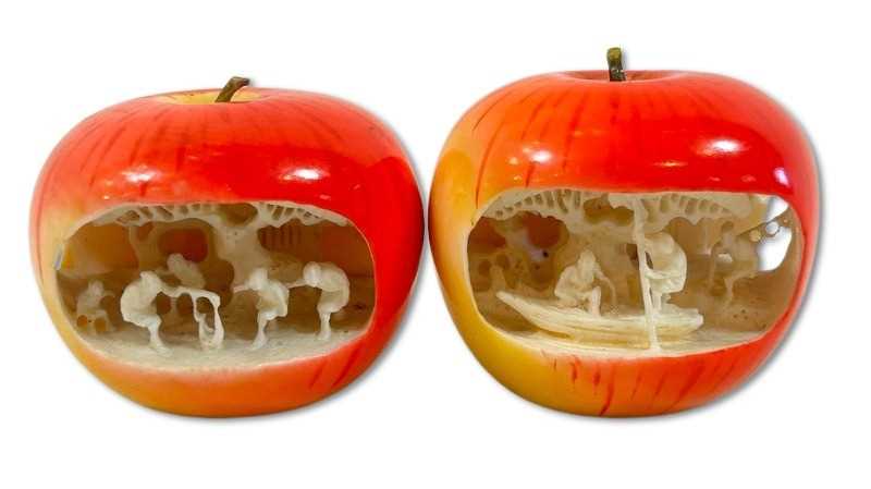 Lot 174 - Pair of Carved Japanese Ivory Apples.