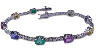 Lot 270 - Coloured Gem Mounted Tennis Style Bracelet.
