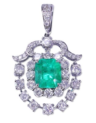 Lot 217 - Colombian Emerald and Diamond Decorative Pendant.