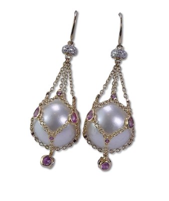 Lot 289 - White Cultured South Sea Pearl, Pink Sapphire and Diamond, Yellow Gold Cage Earrings.