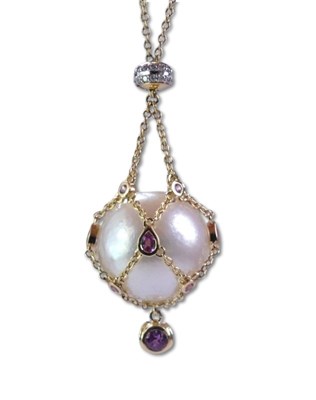 Lot 285 - Cultured South Sea Pearl, Pink Sapphire and Diamond Pendant.