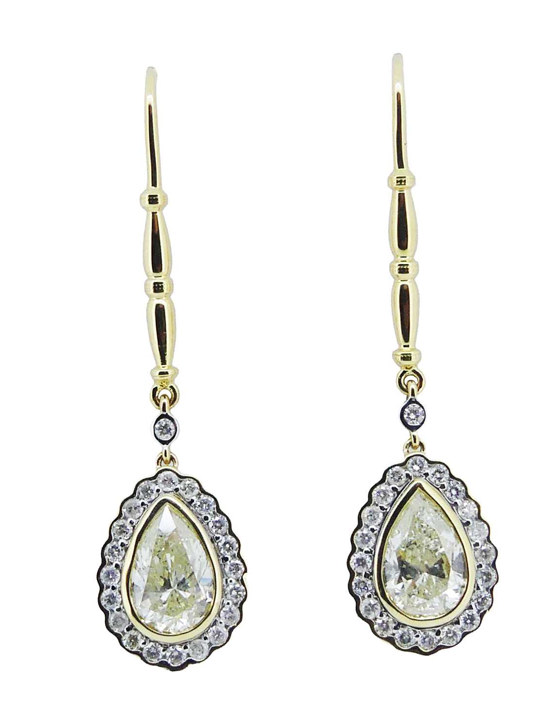 Lot 74 - Yellow Gold and Diamond Drop Earrings.
