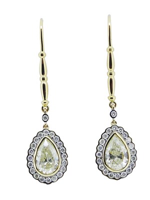 Lot 74 - Yellow Gold and Diamond Drop Earrings.