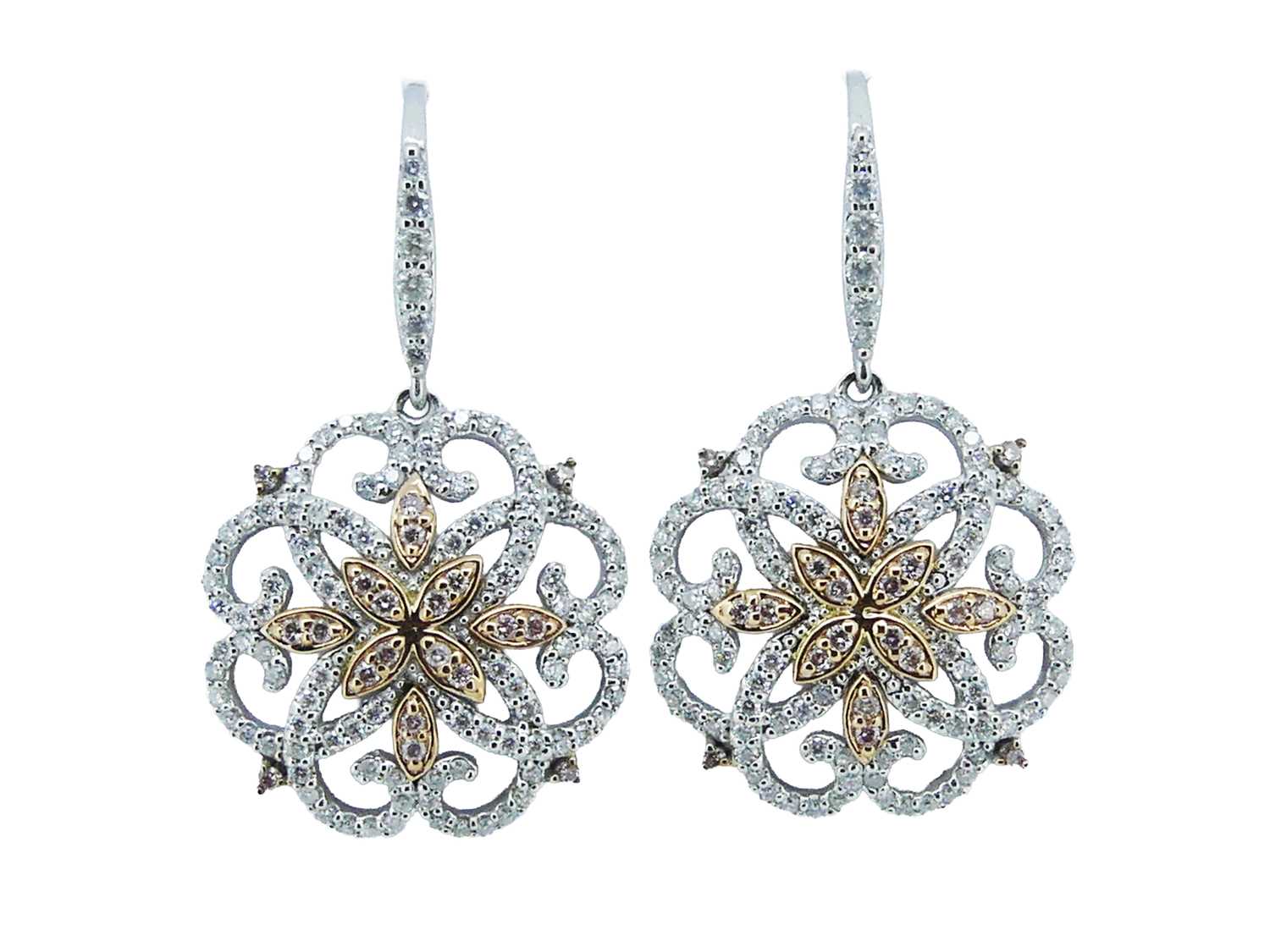 Lot 91 - White/Rose Gold Diamond Drop Earrings.