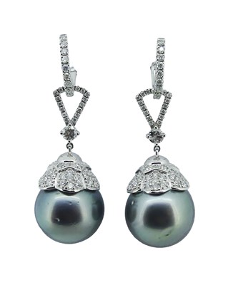 Lot 90 - Black Cultured Tahitian Pearl and Diamond Earrings.