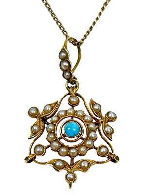 Lot 208 - 15ct Yellow Gold Turquoise and Pearl Pendant.