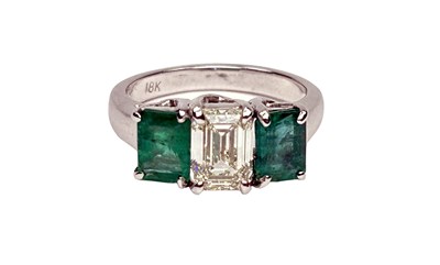 Lot 229 - 18ct White Gold Emerald & Diamond Ring.